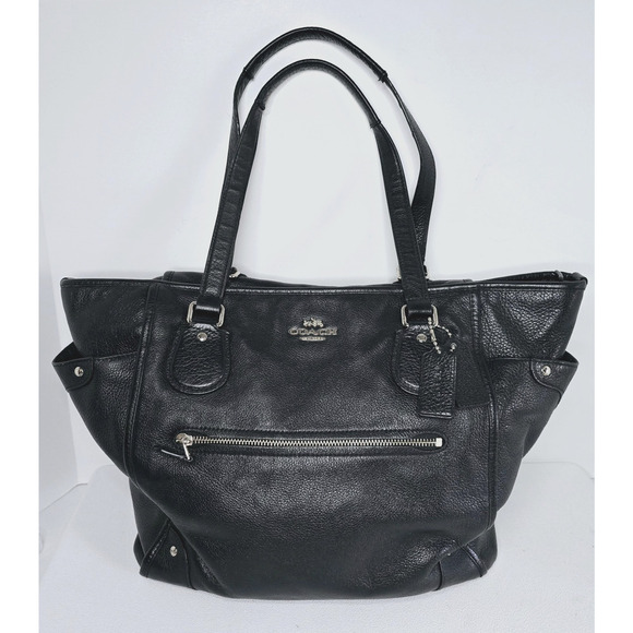 Coach Mickie Mickey Black Pebbled Leather Hobo Tote Bag Double Handle F34039 - Picture 1 of 16
